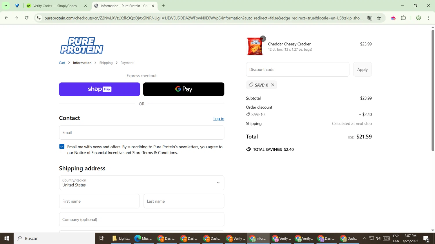 Pure Protein promo code screenshot showing code SAVE10 applied at Pure Protein checkout page. Uploaded by SimplyCodes community member MightyPro2893 on Apr 25, 2025
