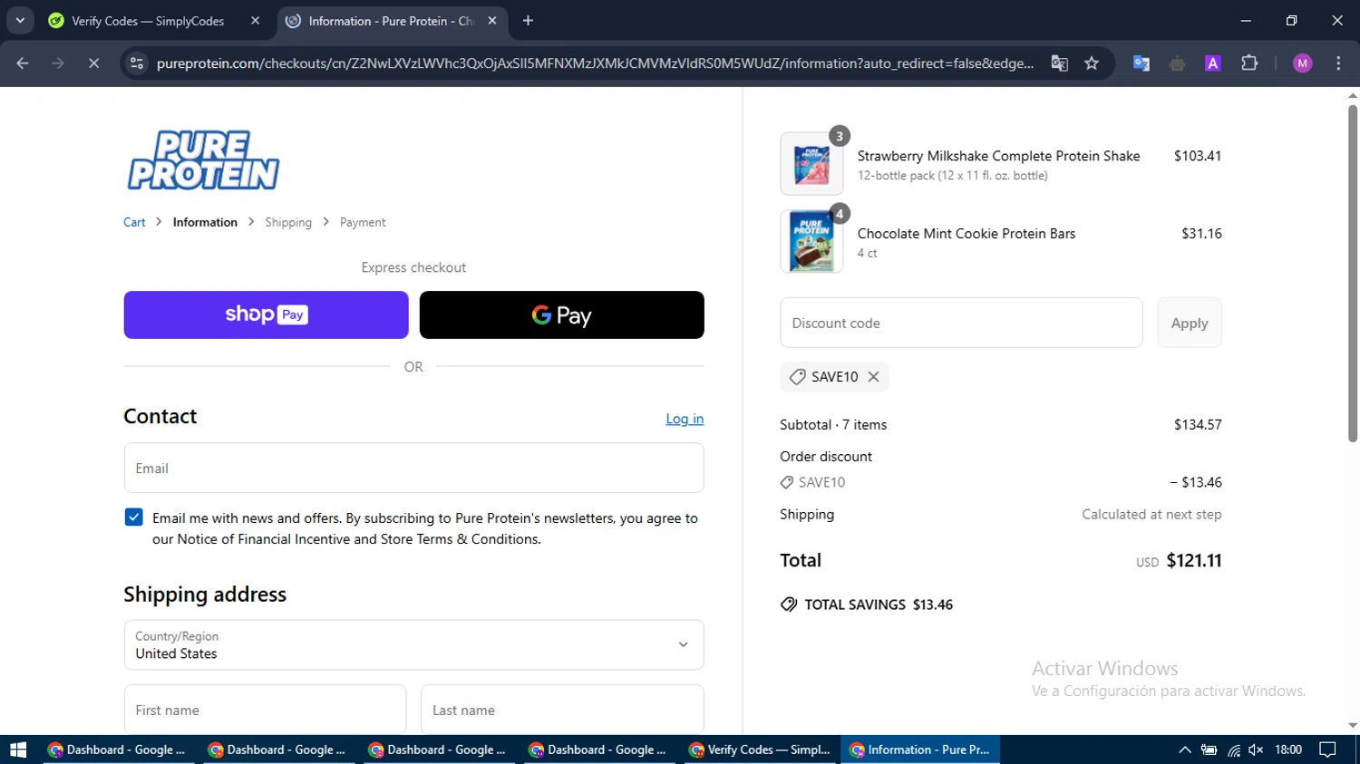 Pure Protein promo code screenshot showing code SAVE10 applied at Pure Protein checkout page. Uploaded by SimplyCodes community member MightyTracker1549 on Apr 7, 2025