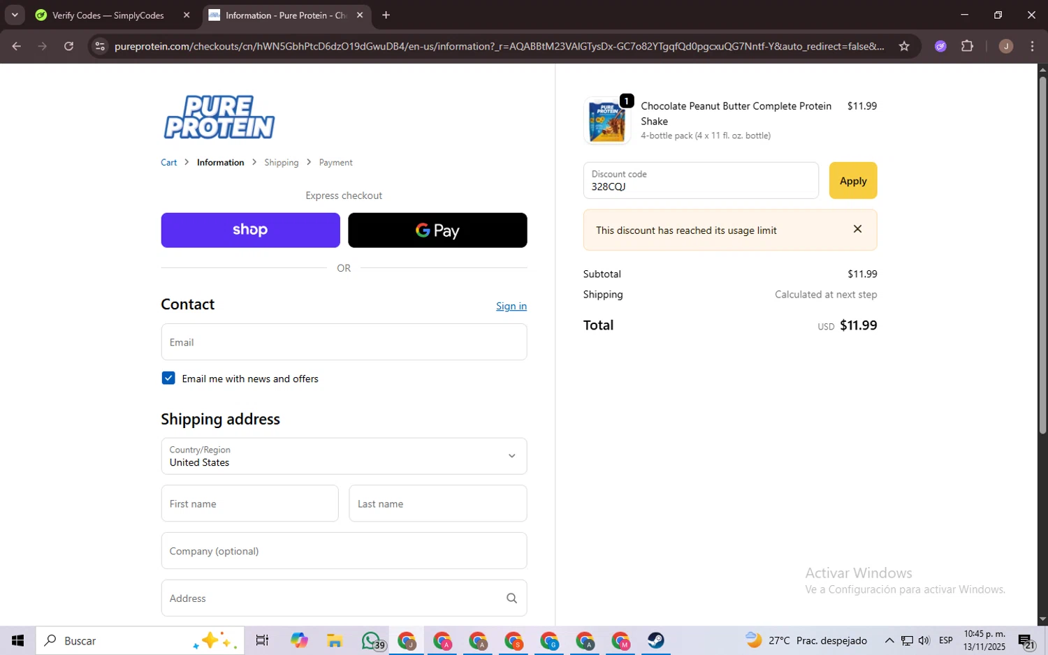 Pure Protein promo code screenshot showing code 328CQJ applied at Pure Protein checkout page. Uploaded by SimplyCodes community member CrownChaser949 on Nov 14, 2025