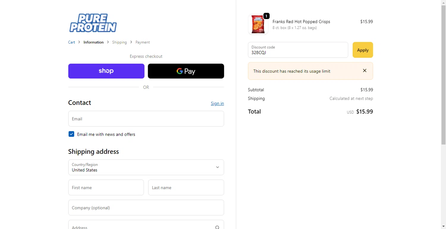 Pure Protein promo code screenshot showing code 328CQJ applied at Pure Protein checkout page. Uploaded by SimplyCodes community member DiscountTracker247 on Nov 14, 2025