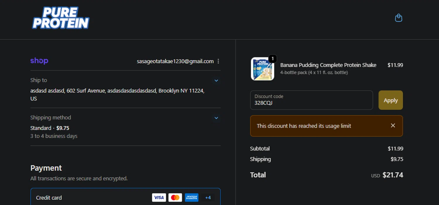 Pure Protein promo code screenshot showing code 328CQJ applied at Pure Protein checkout page. Uploaded by SimplyCodes community member jaimitoalcachofa on Nov 14, 2025