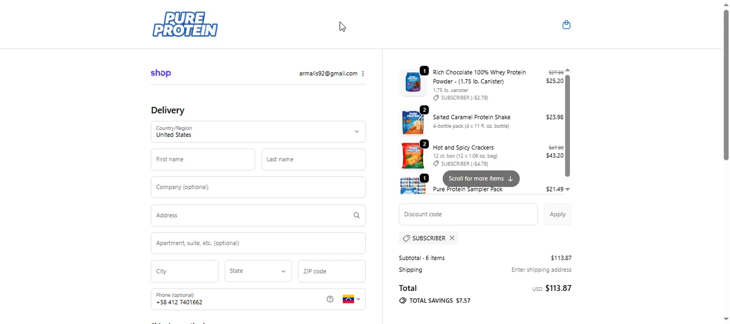Pure Protein promo code screenshot showing code SUBSCRIBER applied at Pure Protein checkout page. Uploaded by SimplyCodes community member armalissolorzano1 on Nov 11, 2025