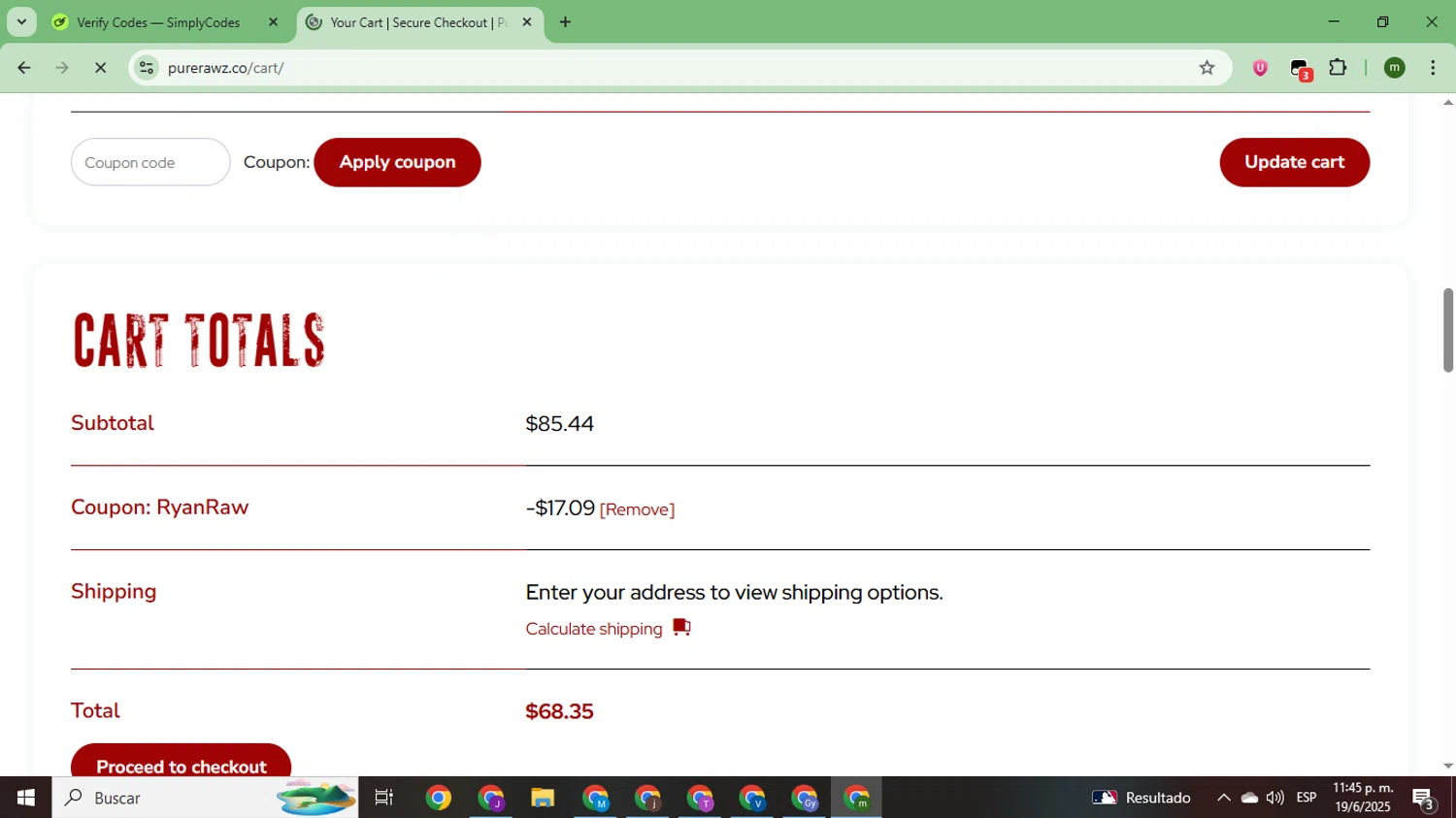 Pure Rawz coupon code screenshot showing code RyanRaw applied at Pure Rawz checkout page. Uploaded by SimplyCodes community member CoinSage7057 on Jun 20, 2025