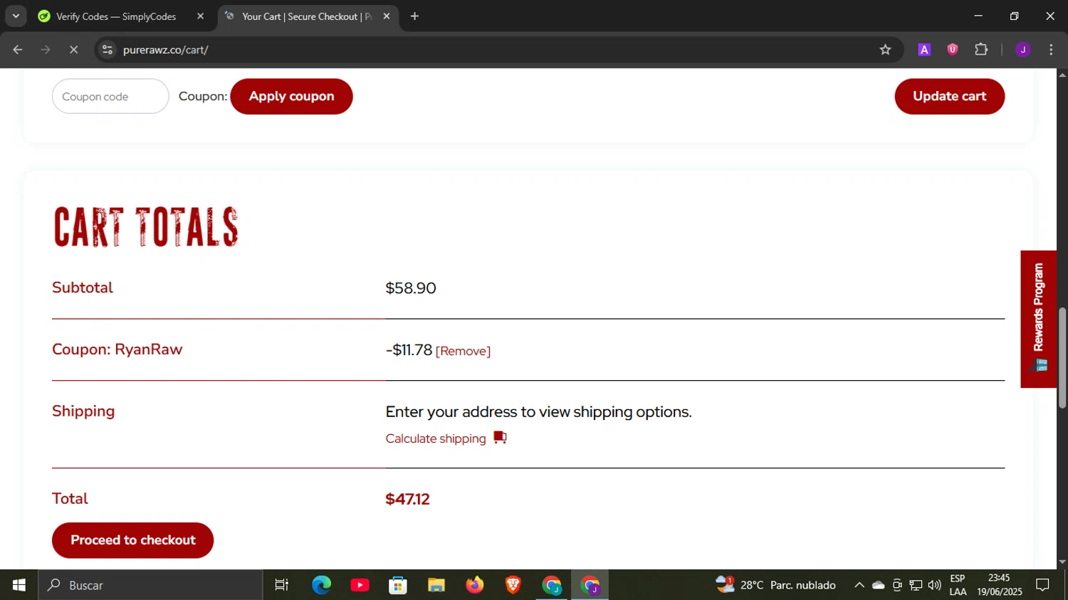 Pure Rawz coupon code screenshot showing code RyanRaw applied at Pure Rawz checkout page. Uploaded by SimplyCodes community member DiscountLegend6670 on Jun 20, 2025