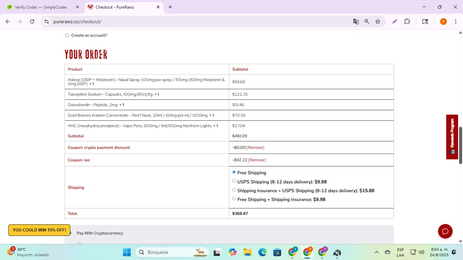 Pure Rawz coupon code screenshot showing code Leo applied at Pure Rawz checkout page. Uploaded by SimplyCodes community member ycg487 on Aug 24, 2025
