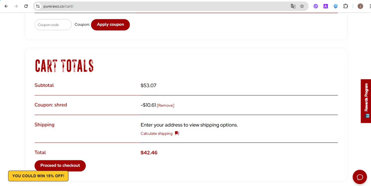 Pure Rawz coupon code screenshot showing code shred applied at Pure Rawz checkout page. Uploaded by SimplyCodes community member Jose29 on Jul 19, 2025
