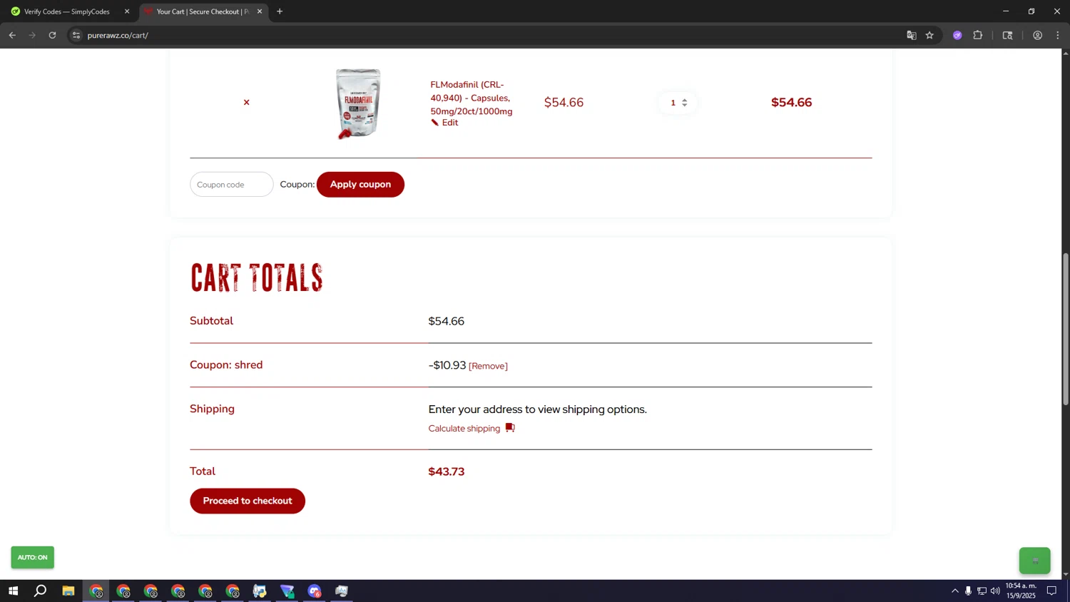 Pure Rawz coupon code screenshot showing code shred applied at Pure Rawz checkout page. Uploaded by SimplyCodes community member kkkkkkkkkkkkkkkkkkkk on Sep 15, 2025