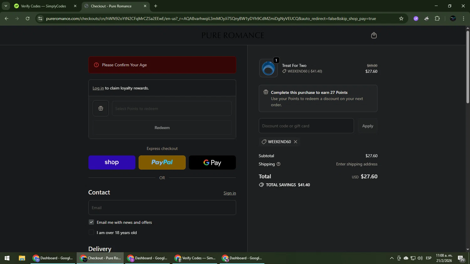 Pure Romance promo code screenshot showing code WEEKEND60 applied at Pure Romance checkout page. Uploaded by SimplyCodes community member CarmenVGR on Feb 21, 2026