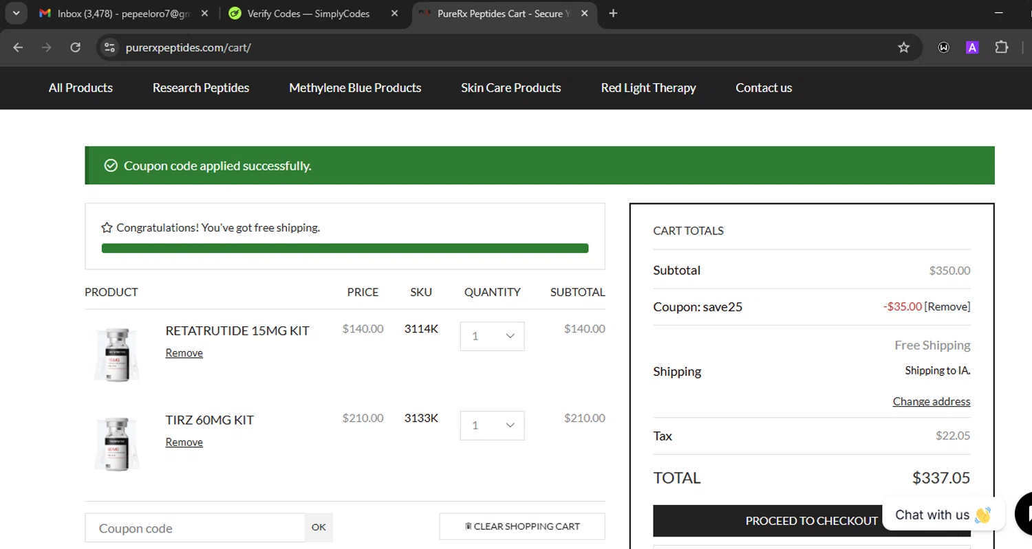 PureRx Peptides promo code screenshot showing code save25 applied at PureRx Peptides checkout page. Uploaded by SimplyCodes community member Eminem on Sep 19, 2025