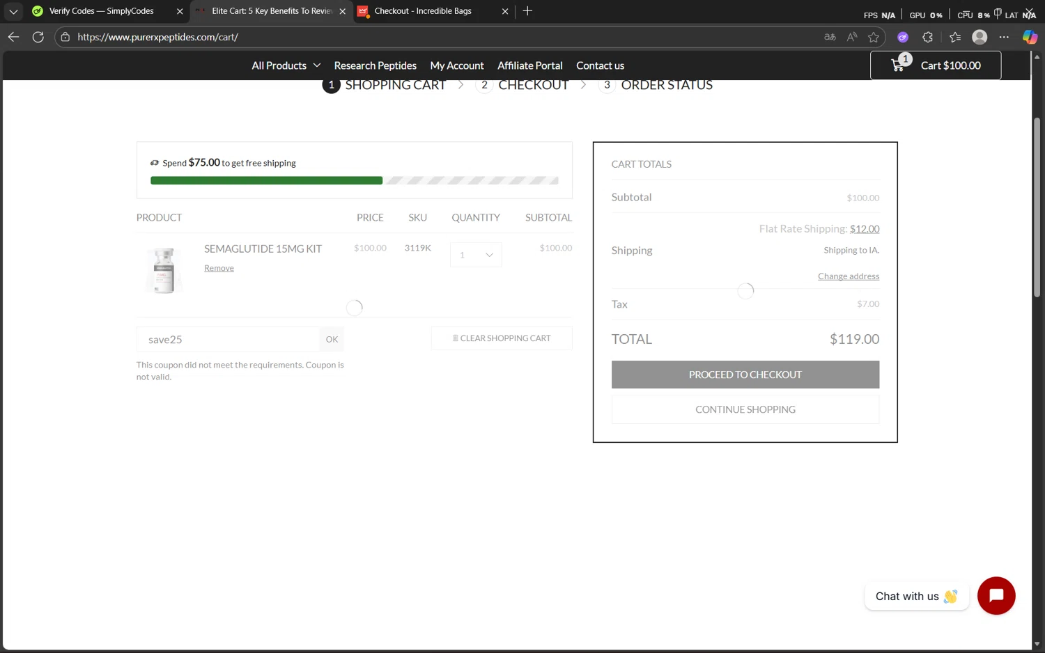 PureRx Peptides promo code screenshot showing code save25 applied at PureRx Peptides checkout page. Uploaded by SimplyCodes community member juanx1702 on Nov 16, 2025