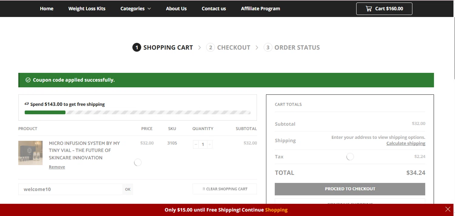 PureRx Peptides promo code screenshot showing code welcome10 applied at PureRx Peptides checkout page. Uploaded by SimplyCodes community member ShieldTiger926 on Jul 23, 2025