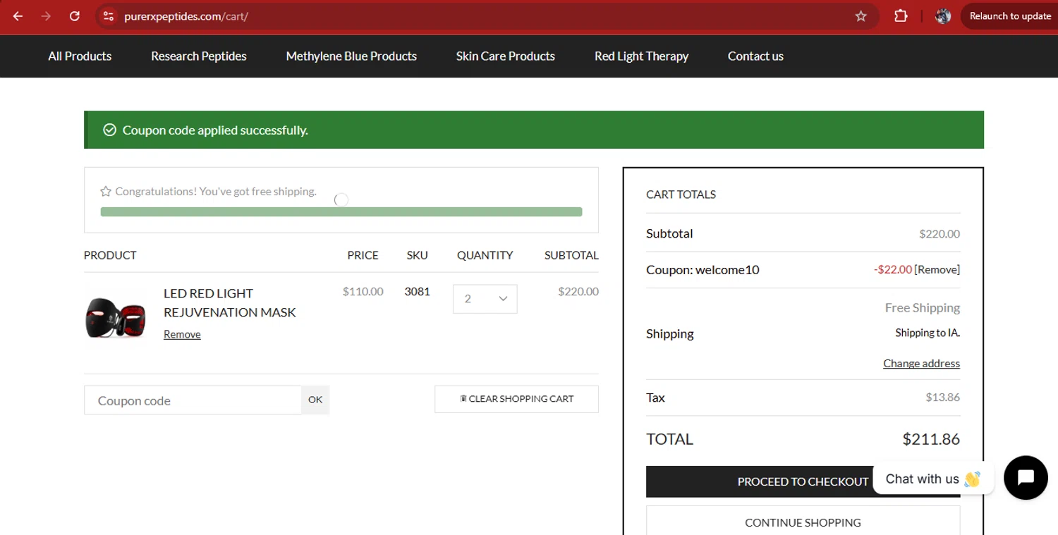 PureRx Peptides promo code screenshot showing code welcome10 applied at PureRx Peptides checkout page. Uploaded by SimplyCodes community member kimberlinmartinez on Sep 19, 2025
