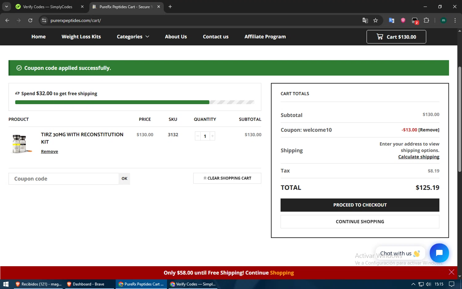 PureRx Peptides promo code screenshot showing code welcome10 applied at PureRx Peptides checkout page. Uploaded by SimplyCodes community member usuario500 on Jun 23, 2025