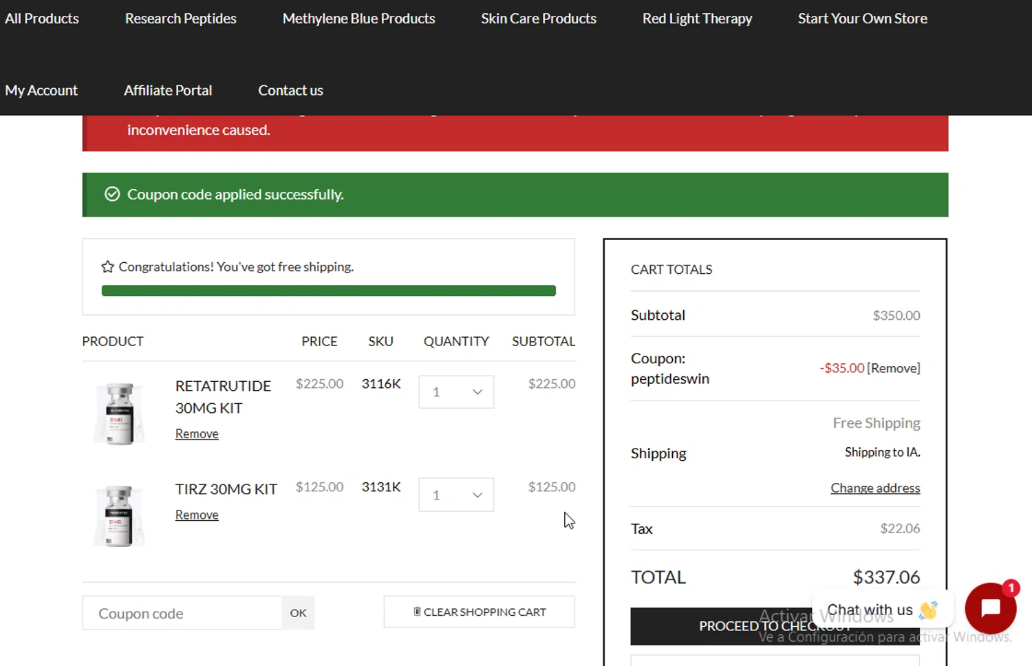 PureRx Peptides promo code screenshot showing code peptideswin applied at PureRx Peptides checkout page. Uploaded by SimplyCodes community member BudgetGuardian5712 on Oct 18, 2025