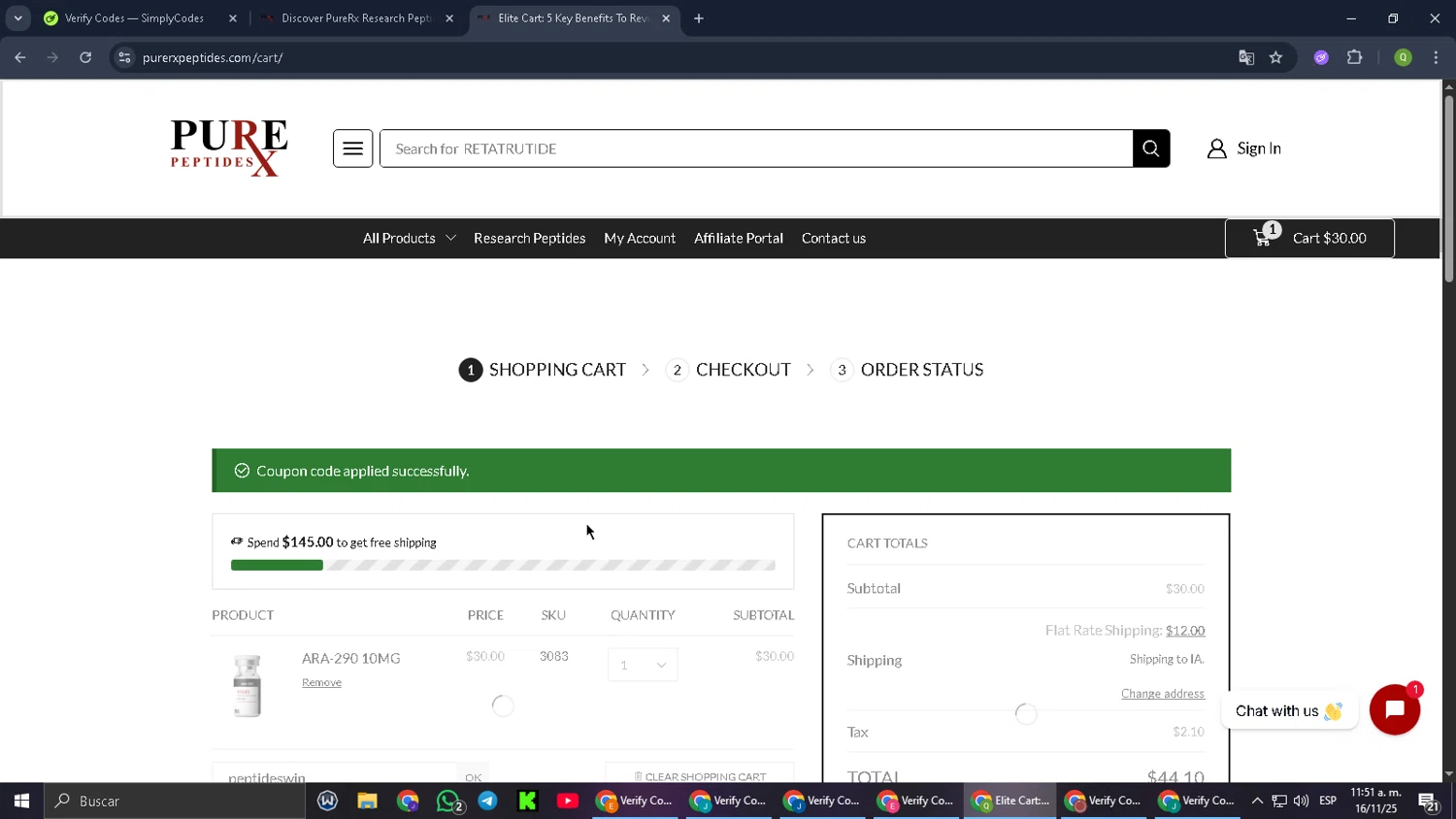 PureRx Peptides promo code screenshot showing code peptideswin applied at PureRx Peptides checkout page. Uploaded by SimplyCodes community member Cynoxx on Nov 16, 2025