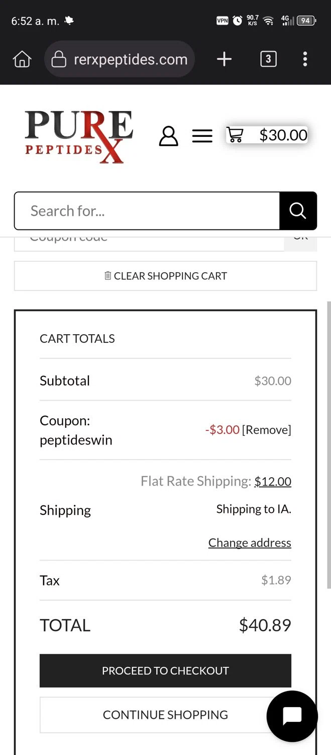 PureRx Peptides promo code screenshot showing code peptideswin applied at PureRx Peptides checkout page. Uploaded by SimplyCodes community member GumballWatterson on Sep 19, 2025