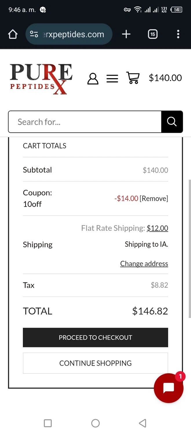 PureRx Peptides promo code screenshot showing code 10OFF applied at PureRx Peptides checkout page. Uploaded by SimplyCodes community member Miggy2024 on Oct 24, 2025