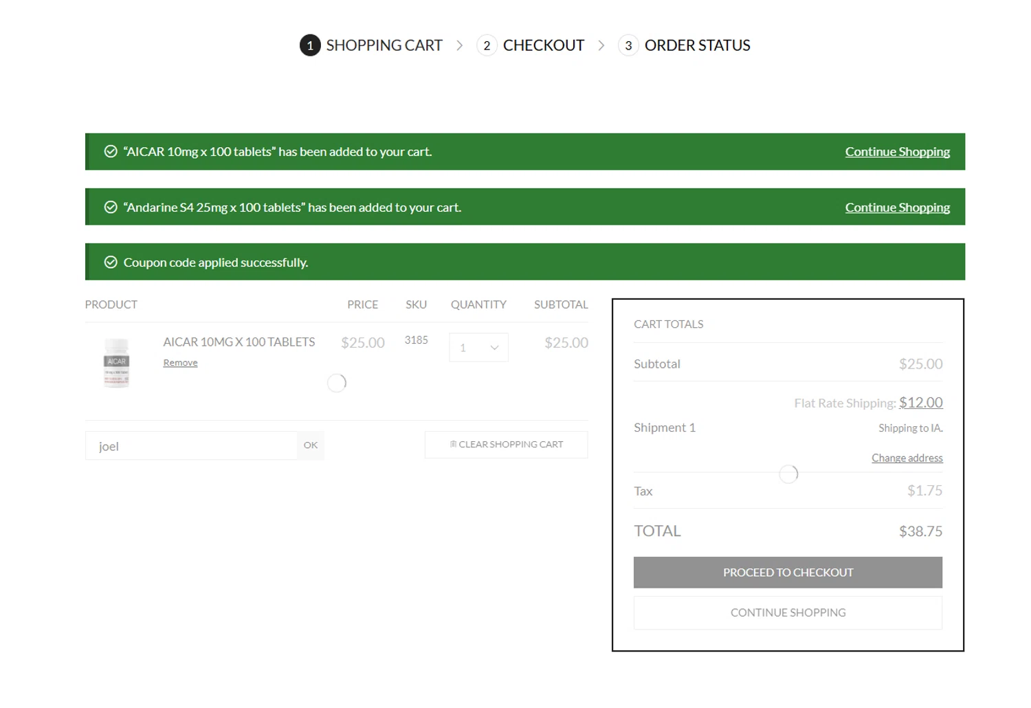 PureRx Peptides promo code screenshot showing code joel applied at PureRx Peptides checkout page. Uploaded by SimplyCodes community member Halanweik on Feb 10, 2026