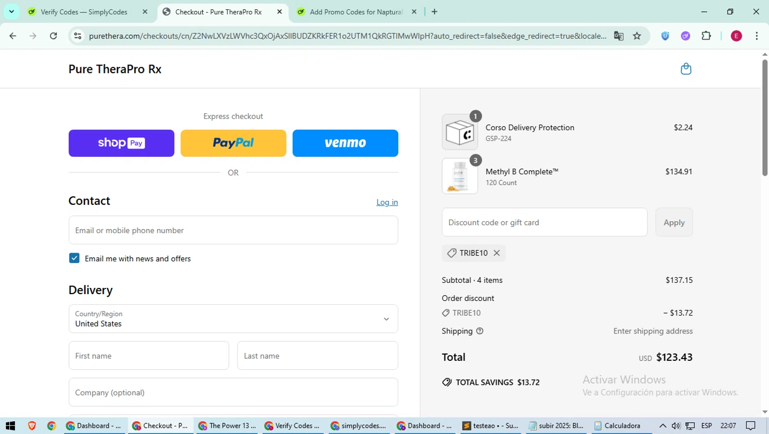 Pure TheraPro Rx coupon code screenshot showing code TRIBE10 applied at Pure TheraPro Rx checkout page. Uploaded by SimplyCodes community member BrilliantWhiz4434 on Jun 22, 2025