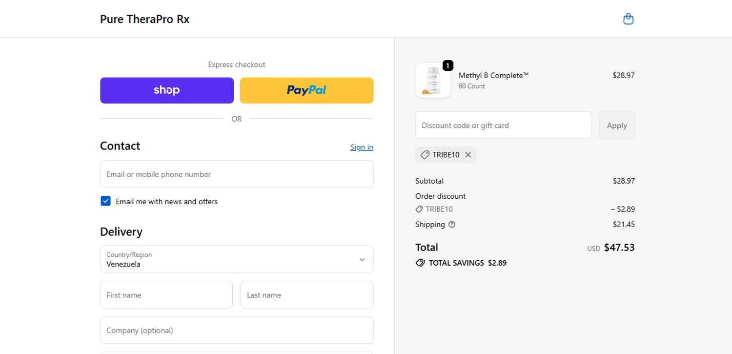 Pure TheraPro Rx coupon code screenshot showing code TRIBE10 applied at Pure TheraPro Rx checkout page. Uploaded by SimplyCodes community member CashAce9852 on Oct 14, 2025