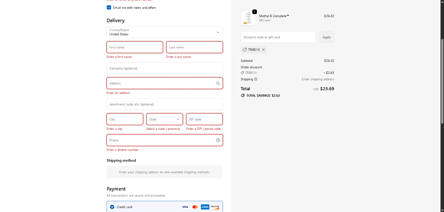 Pure TheraPro Rx coupon code screenshot showing code TRIBE10 applied at Pure TheraPro Rx checkout page. Uploaded by SimplyCodes community member SwiftLynx7415 on Dec 23, 2025