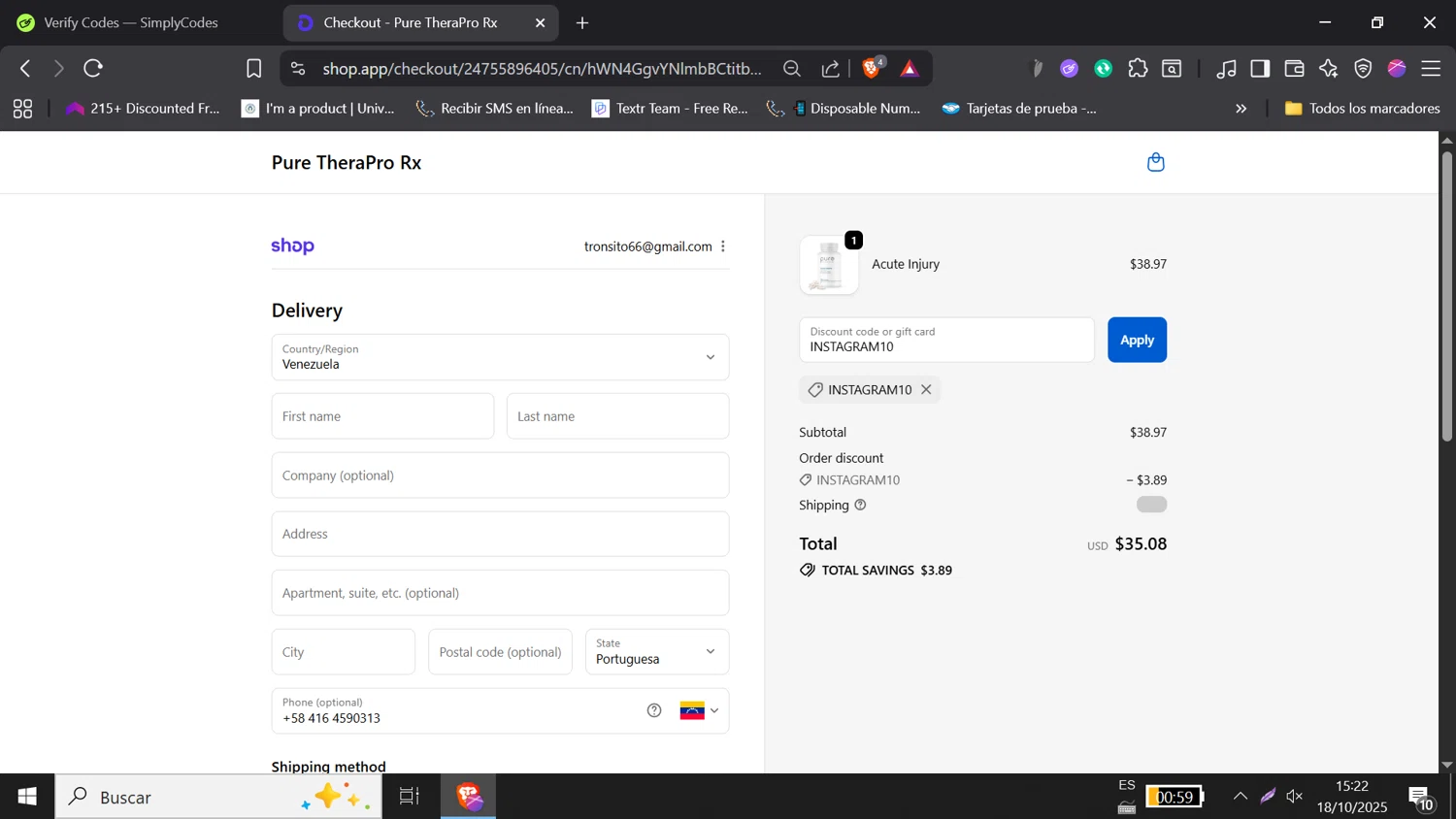 Pure TheraPro Rx coupon code screenshot showing code INSTAGRAM10 applied at Pure TheraPro Rx checkout page. Uploaded by SimplyCodes community member DORIANGEL on Oct 18, 2025