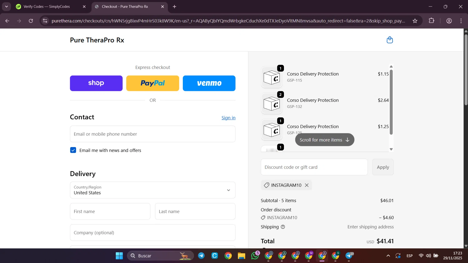 Pure TheraPro Rx coupon code screenshot showing code INSTAGRAM10 applied at Pure TheraPro Rx checkout page. Uploaded by SimplyCodes community member SilverWhiz4145 on Nov 29, 2025