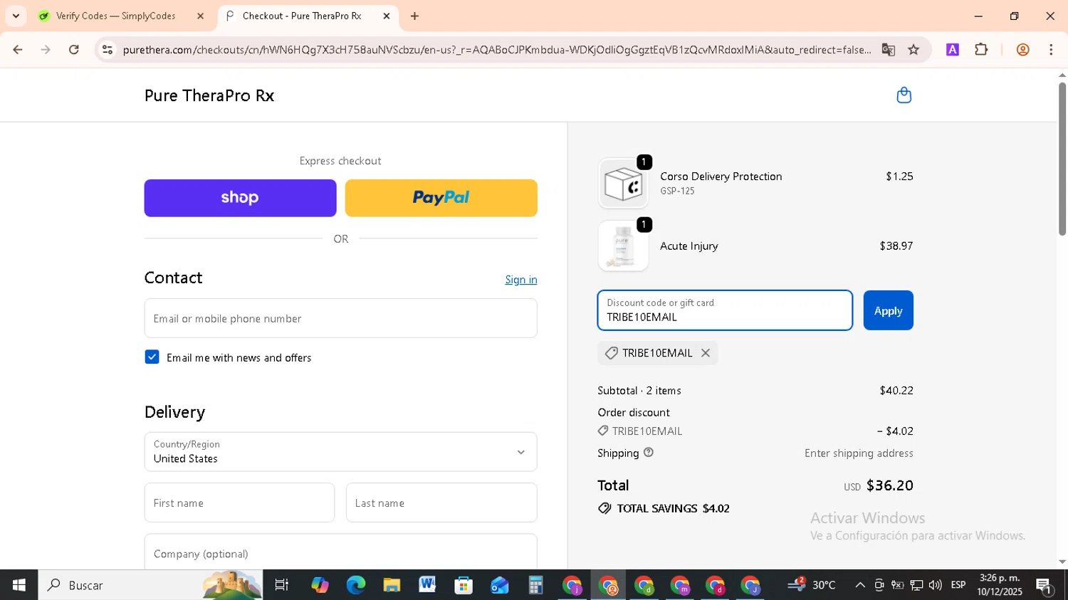 Pure TheraPro Rx coupon code screenshot showing code TRIBE10EMAIL applied at Pure TheraPro Rx checkout page. Uploaded by SimplyCodes community member RebateCollector5909 on Dec 10, 2025