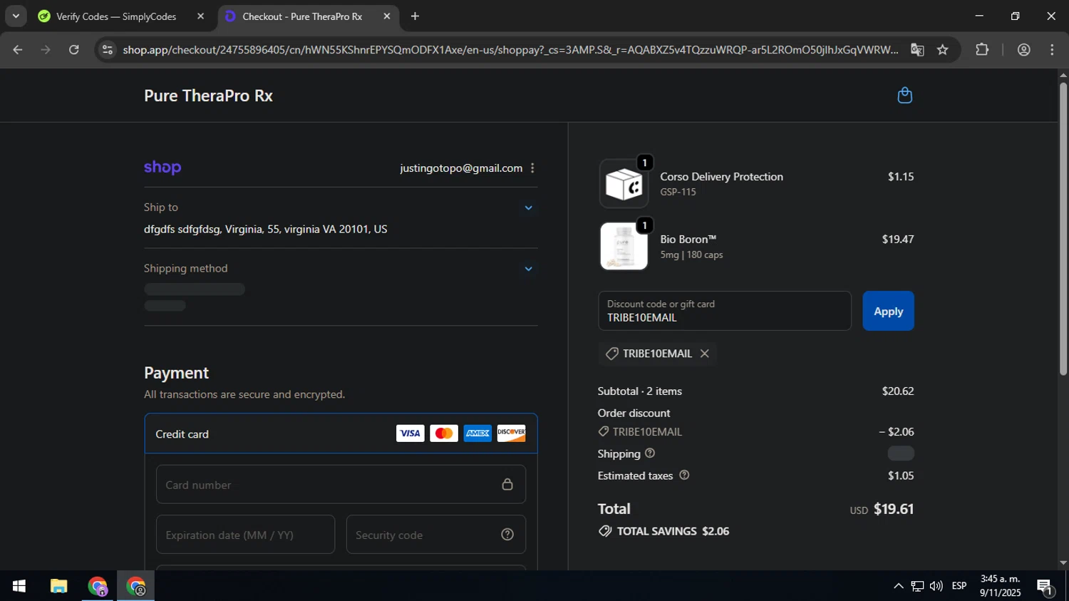Pure TheraPro Rx coupon code screenshot showing code TRIBE10EMAIL applied at Pure TheraPro Rx checkout page. Uploaded by SimplyCodes community member SavingsMaven1223 on Nov 9, 2025