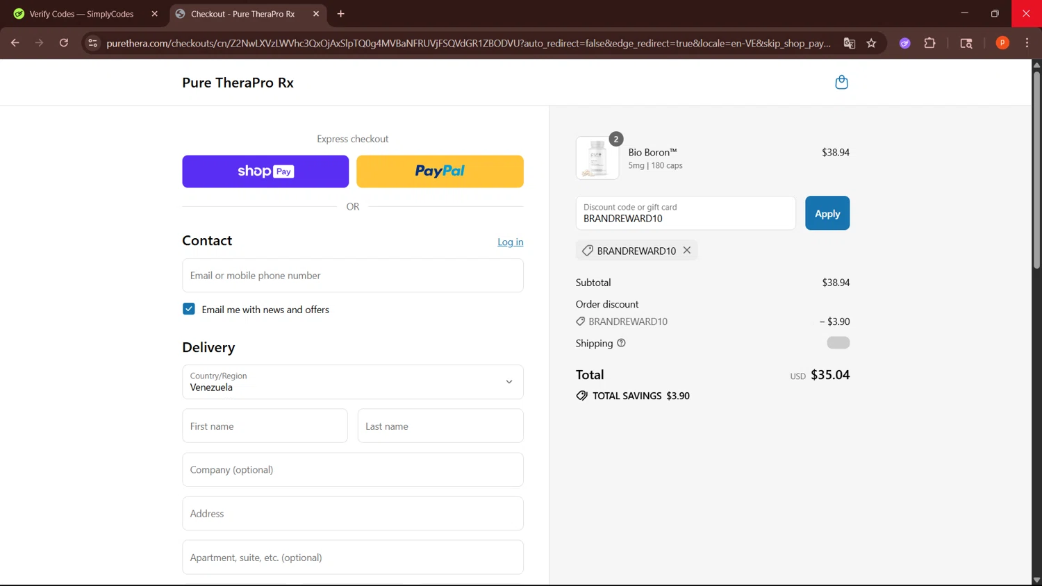 Pure TheraPro Rx coupon code screenshot showing code BRANDREWARD10 applied at Pure TheraPro Rx checkout page. Uploaded by SimplyCodes community member LegendaryPro3698 on Jul 10, 2025