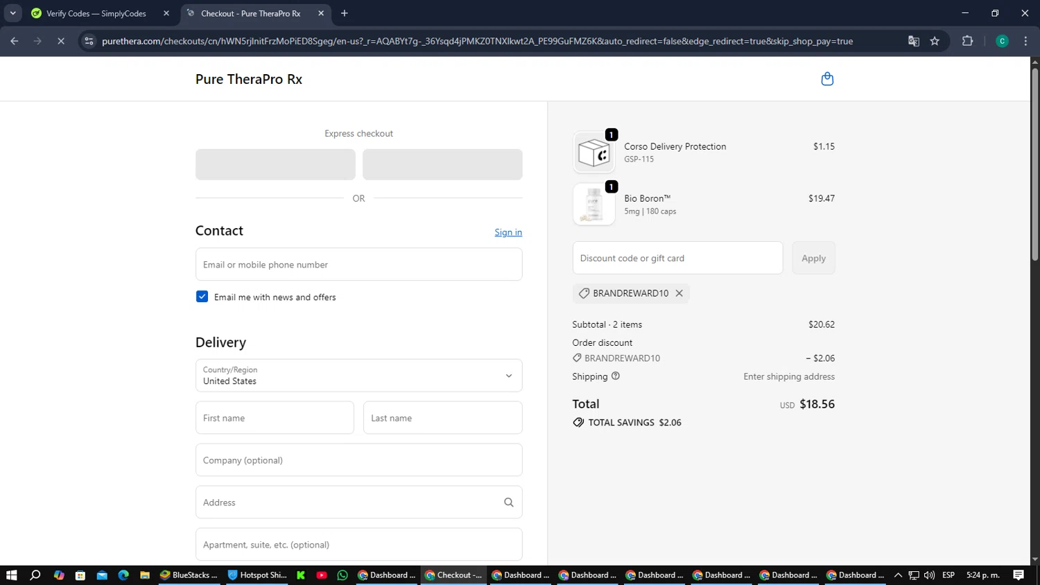 Pure TheraPro Rx coupon code screenshot showing code BRANDREWARD10 applied at Pure TheraPro Rx checkout page. Uploaded by SimplyCodes community member PromoScout874 on Nov 29, 2025
