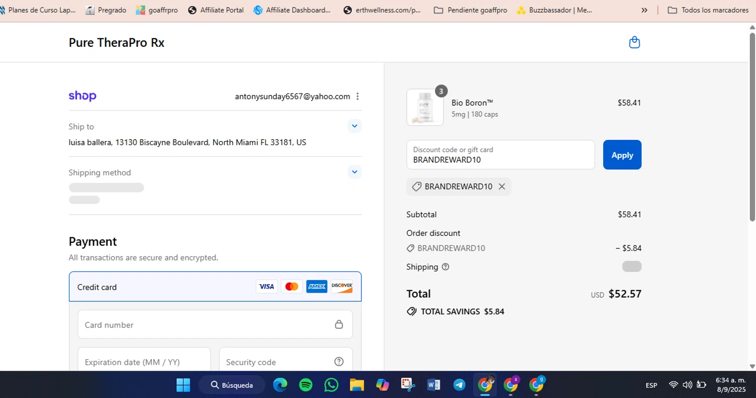 Pure TheraPro Rx coupon code screenshot showing code BRANDREWARD10 applied at Pure TheraPro Rx checkout page. Uploaded by SimplyCodes community member luisaballera on Sep 8, 2025