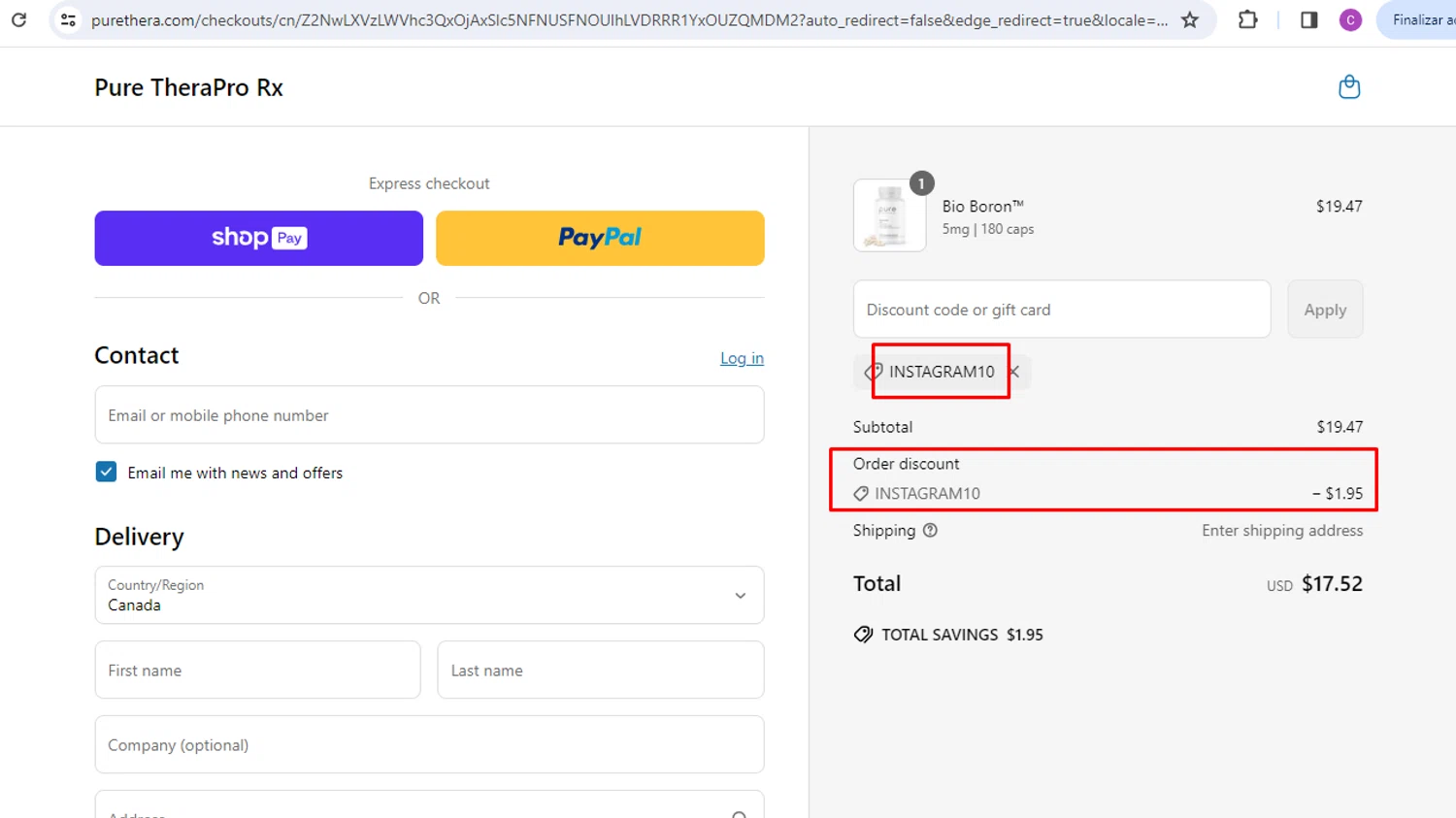Pure TheraPro Rx coupon code screenshot showing code INSTAGRAM10 applied at Pure TheraPro Rx checkout page. Uploaded by SimplyCodes community member nileskamarcano on May 27, 2025