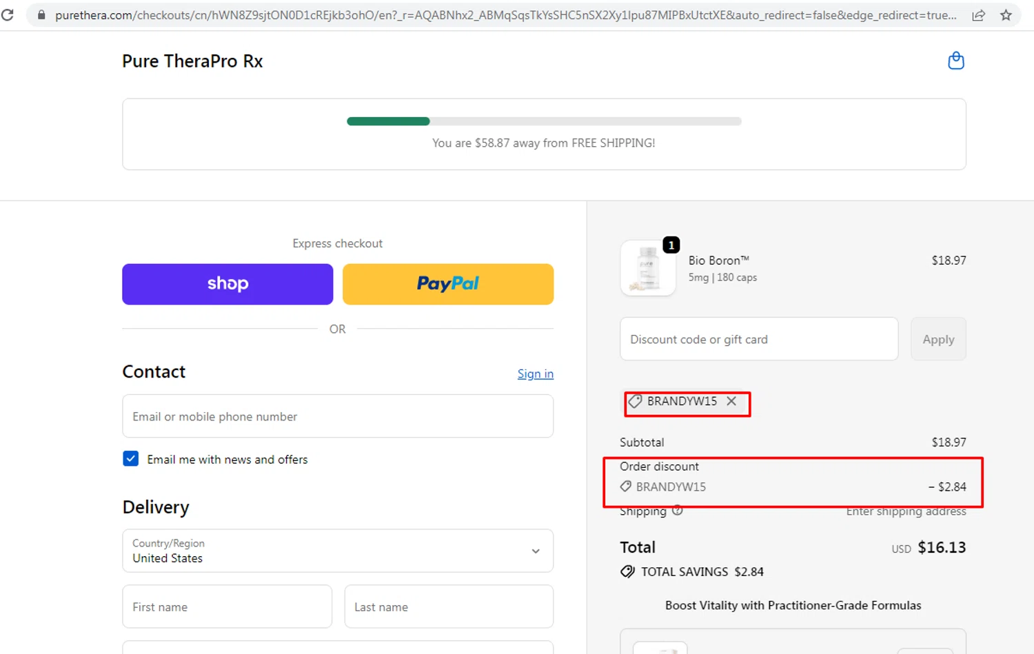 Pure TheraPro Rx coupon code screenshot showing code BRANDYW15 applied at Pure TheraPro Rx checkout page. Uploaded by SimplyCodes community member nileskamarcano on Feb 9, 2026