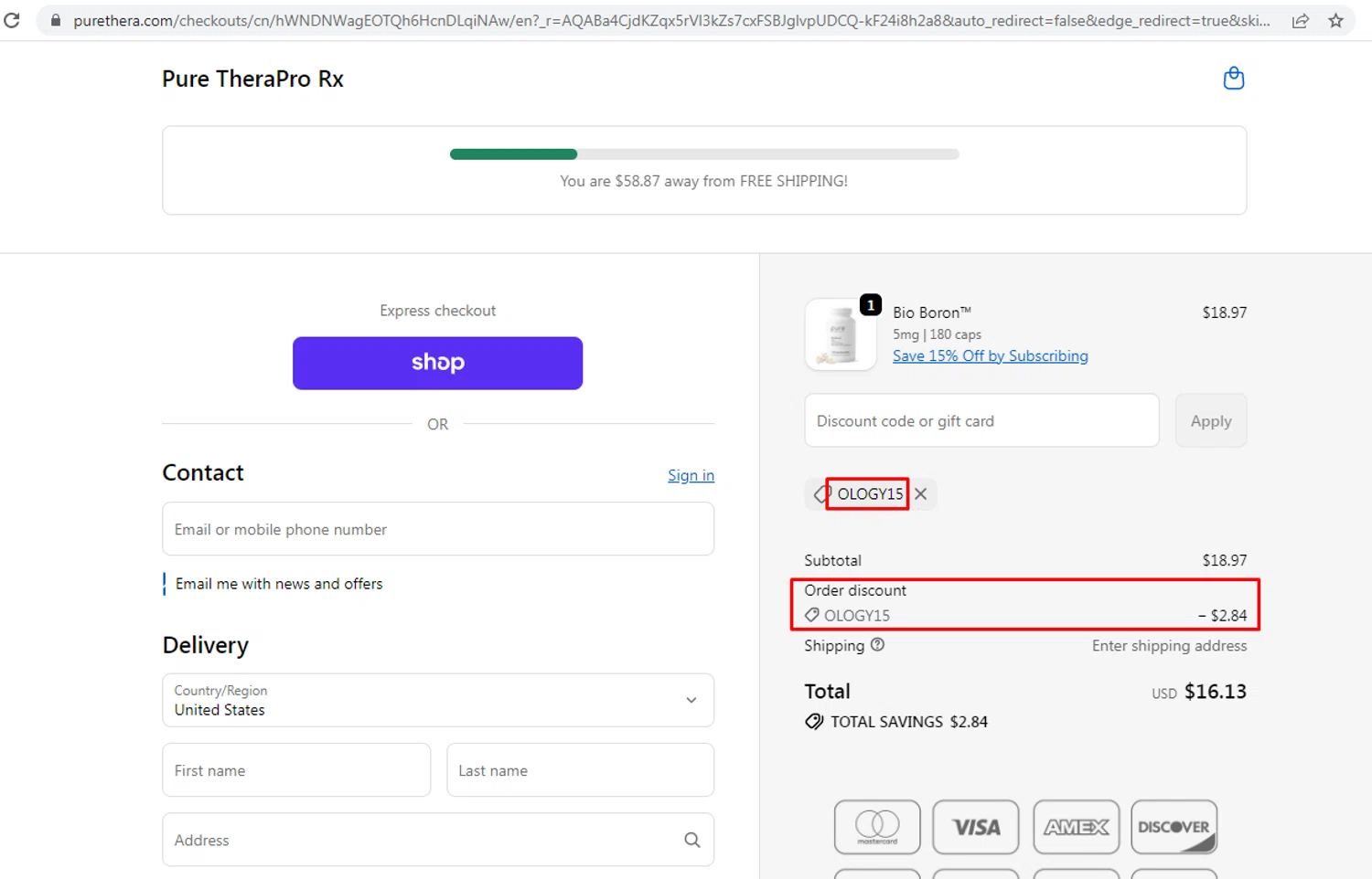 Pure TheraPro Rx promo code screenshot showing code OLOGY15 applied at Pure TheraPro Rx checkout page. Uploaded by SimplyCodes community member nileskamarcano on Jun 15, 2026