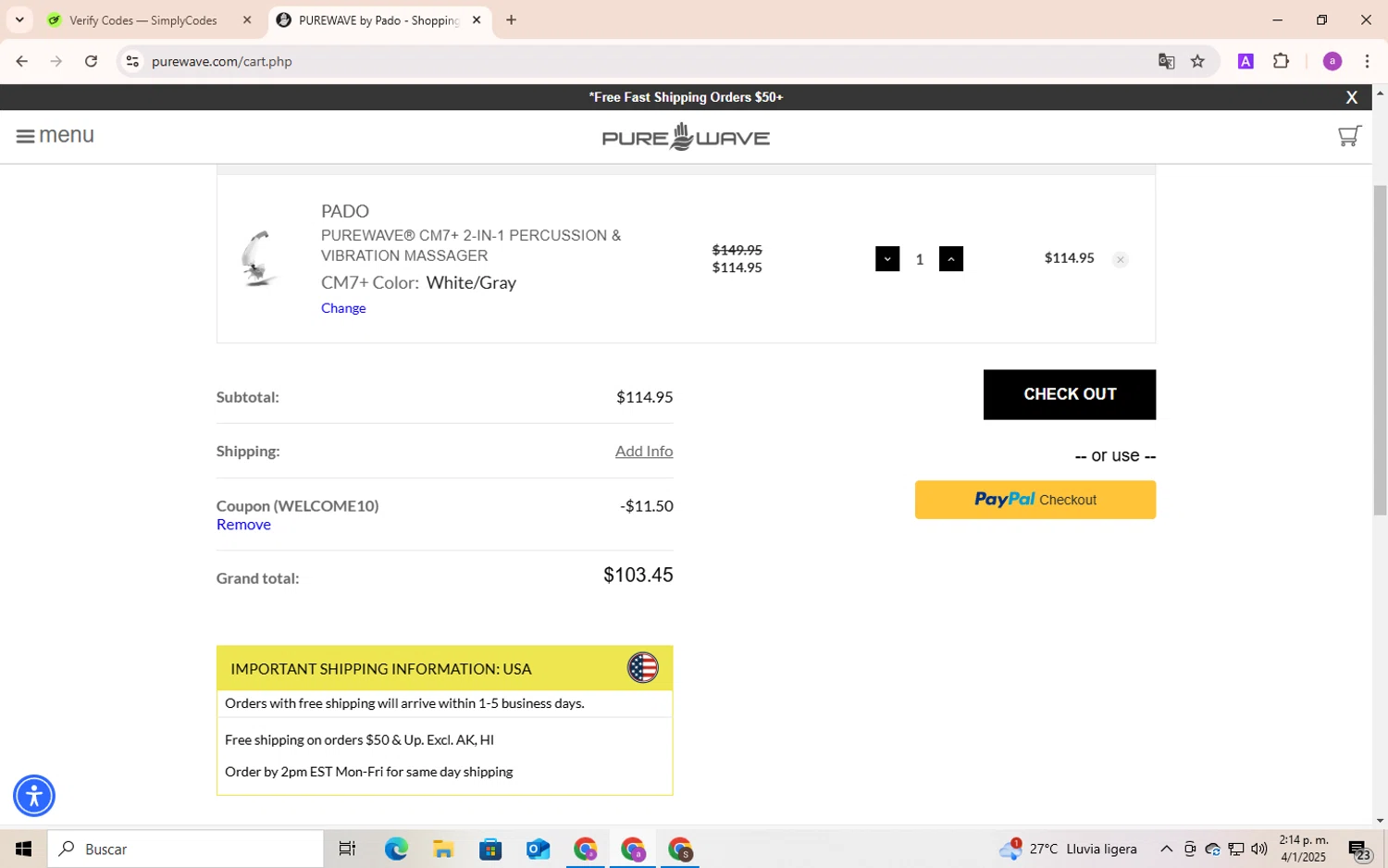 PUREWAVE checkout page showing PUREWAVE coupon code box | Screenshot taken by SimplyCodes community member on Jan 4, 2025
