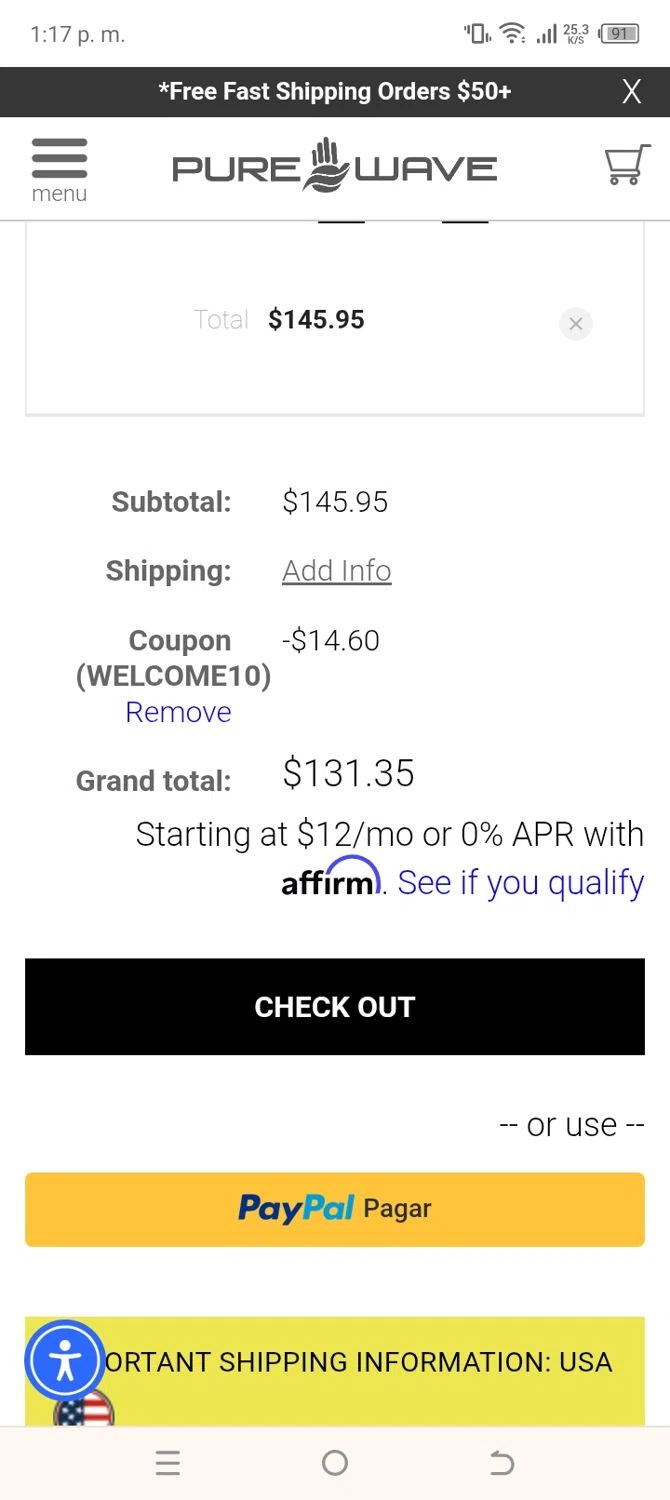 PUREWAVE coupon code screenshot showing code WELCOME10 applied at PUREWAVE checkout page. Uploaded by SimplyCodes community member Daless on May 11, 2025