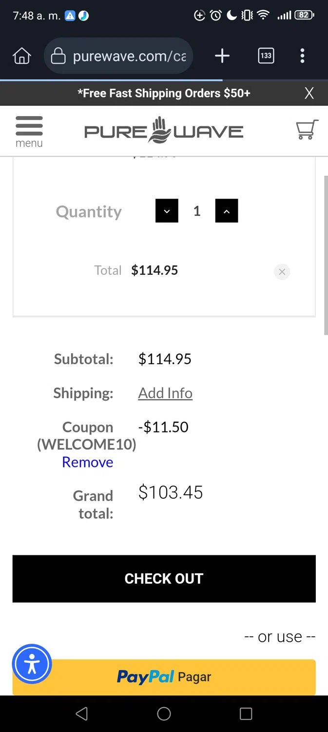PUREWAVE checkout page showing PUREWAVE coupon code box | Screenshot taken by SimplyCodes community member on Feb 2, 2025
