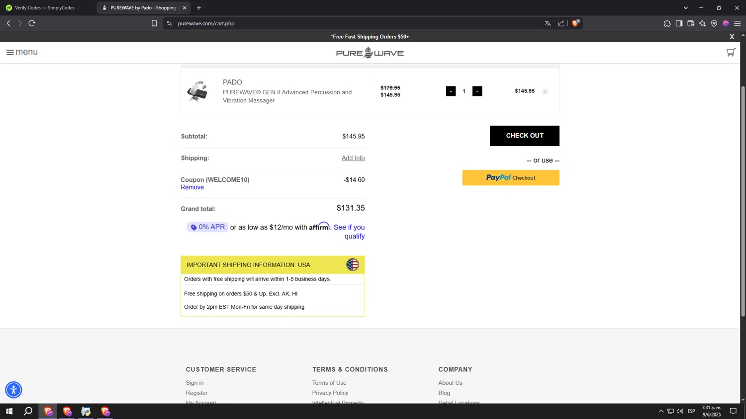 PUREWAVE coupon code screenshot showing code WELCOME10 applied at PUREWAVE checkout page. Uploaded by SimplyCodes community member kkkkkkkkkkkkkkkkkkkk on Jun 9, 2025