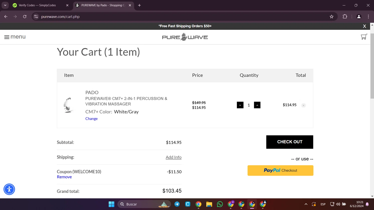 PUREWAVE checkout page showing PUREWAVE coupon code box | Screenshot taken by SimplyCodes community member on Dec 6, 2024