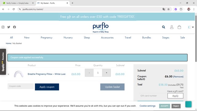 PurFlo checkout page showing PurFlo discount code box | Screenshot taken by SimplyCodes community member on Jun 28, 2025