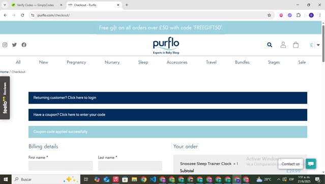 PurFlo checkout page showing PurFlo discount code box | Screenshot taken by SimplyCodes community member on Jun 21, 2025