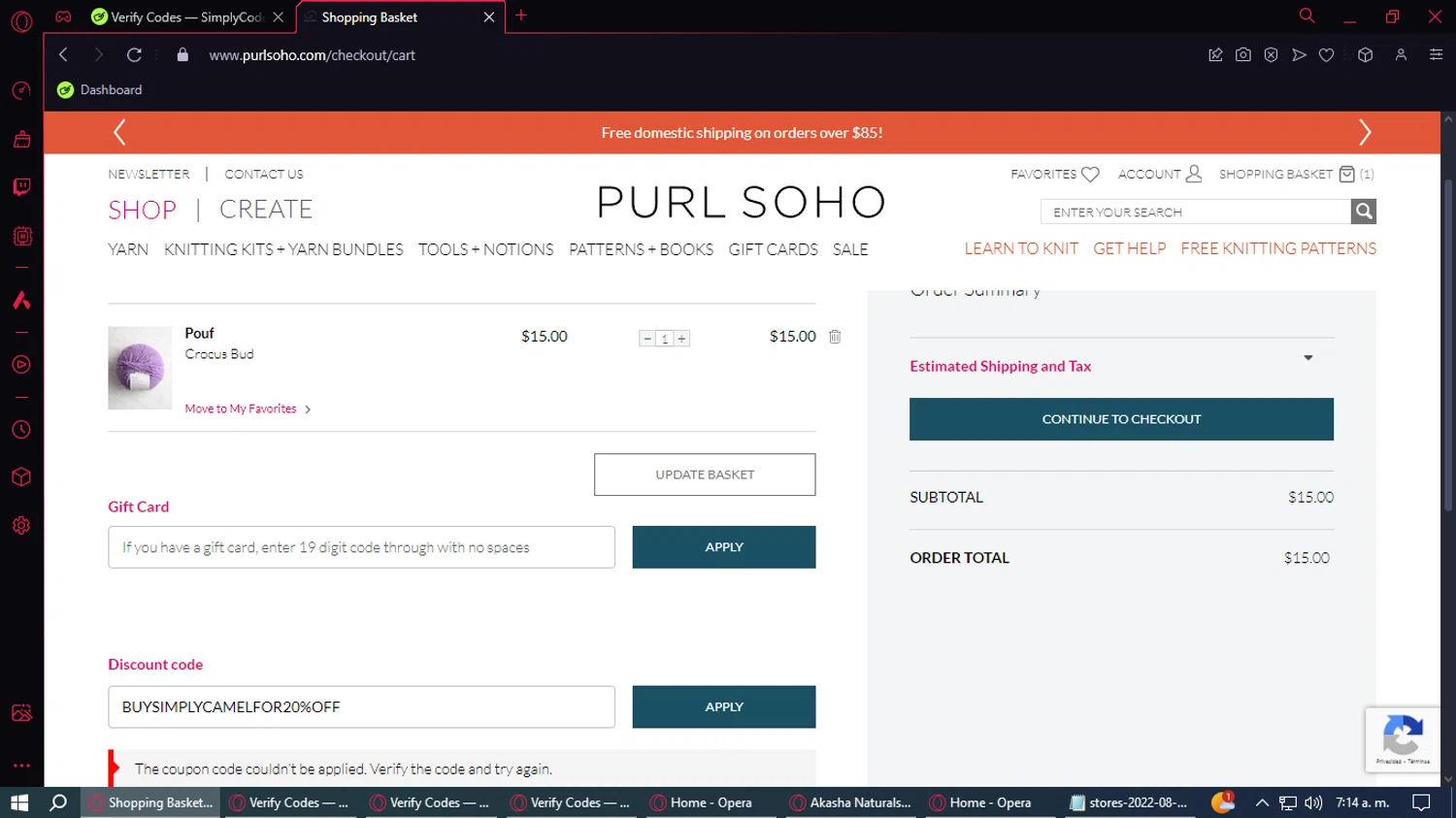 Purl Soho checkout page showing Purl Soho discount code box | Screenshot taken by SimplyCodes community member on Nov 17, 2024