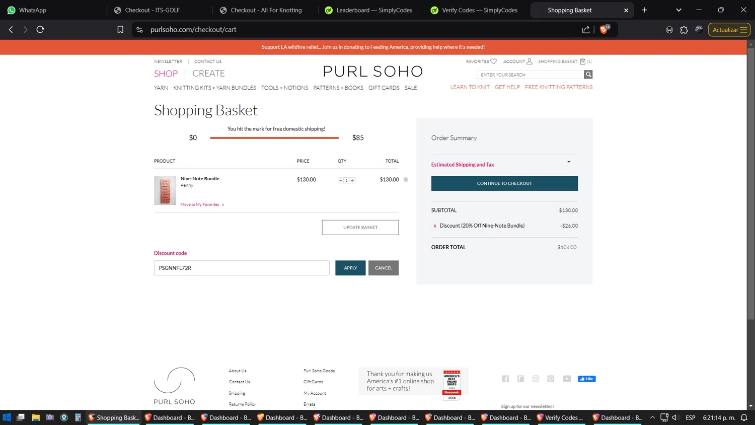 Purl Soho checkout page showing Purl Soho discount code box | Screenshot taken by SimplyCodes community member on Jan 14, 2025