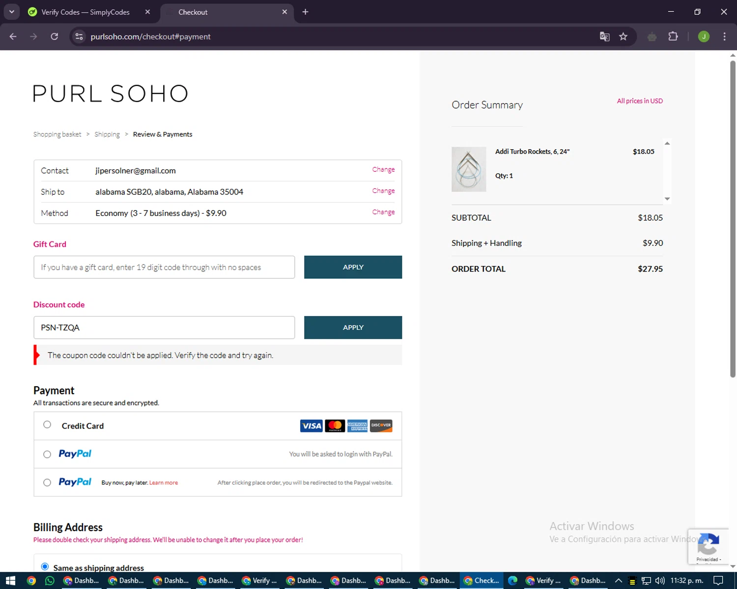 Purl Soho discount code screenshot showing code PSN-TZQA applied at Purl Soho checkout page. Uploaded by SimplyCodes community member LilBaby on Mar 8, 2025