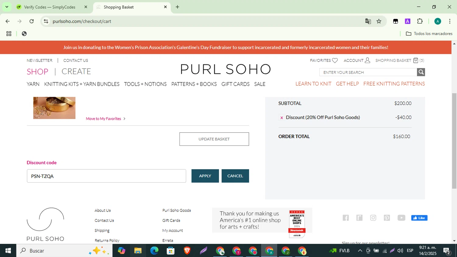 Purl Soho checkout page showing Purl Soho discount code box | Screenshot taken by SimplyCodes community member on Feb 14, 2025