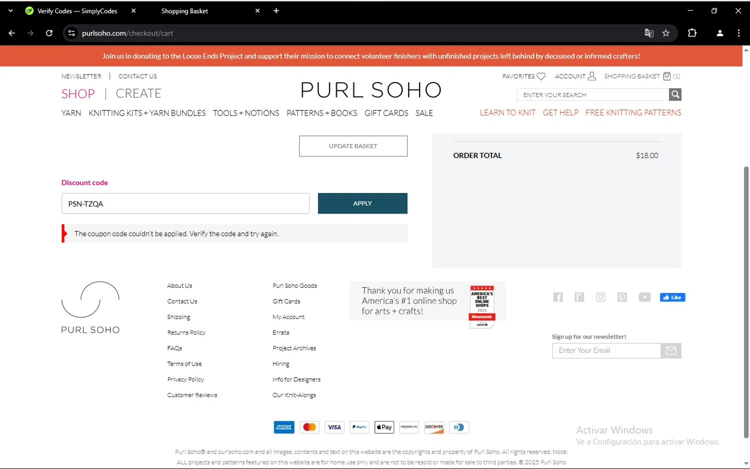 Purl Soho discount code screenshot showing code PSN-TZQA applied at Purl Soho checkout page. Uploaded by SimplyCodes community member jeromartin on Mar 8, 2025