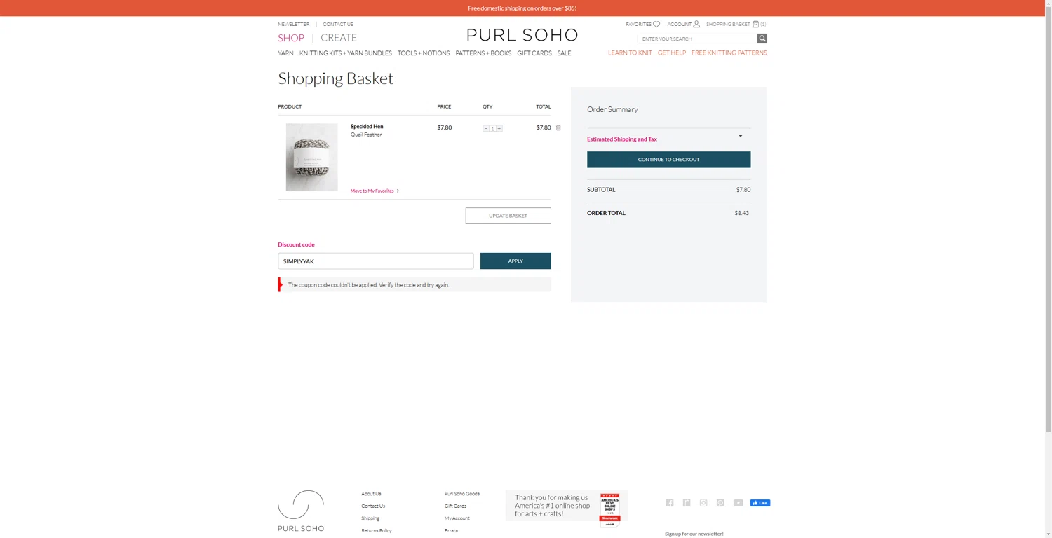 Purl Soho discount code screenshot showing code SIMPLYYAK applied at Purl Soho checkout page. Uploaded by SimplyCodes community member 1323535 on Mar 11, 2025