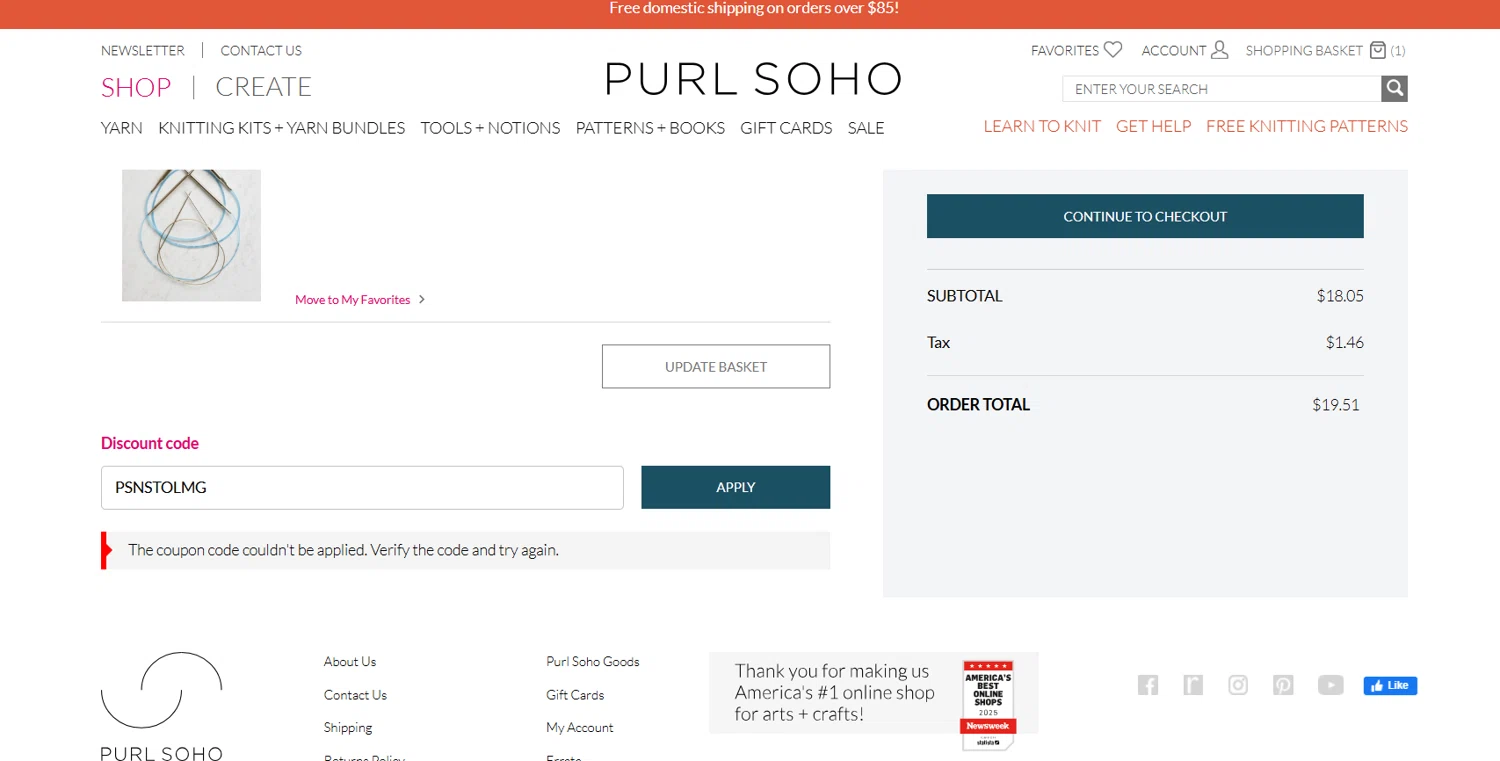Purl Soho checkout page showing Purl Soho discount code box | Screenshot taken by SimplyCodes community member on Mar 9, 2025