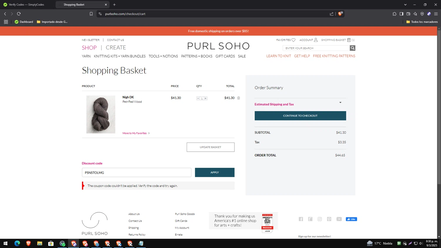 Purl Soho discount code screenshot showing code PSNSTOLMG applied at Purl Soho checkout page. Uploaded by SimplyCodes community member yesenia on Mar 10, 2025